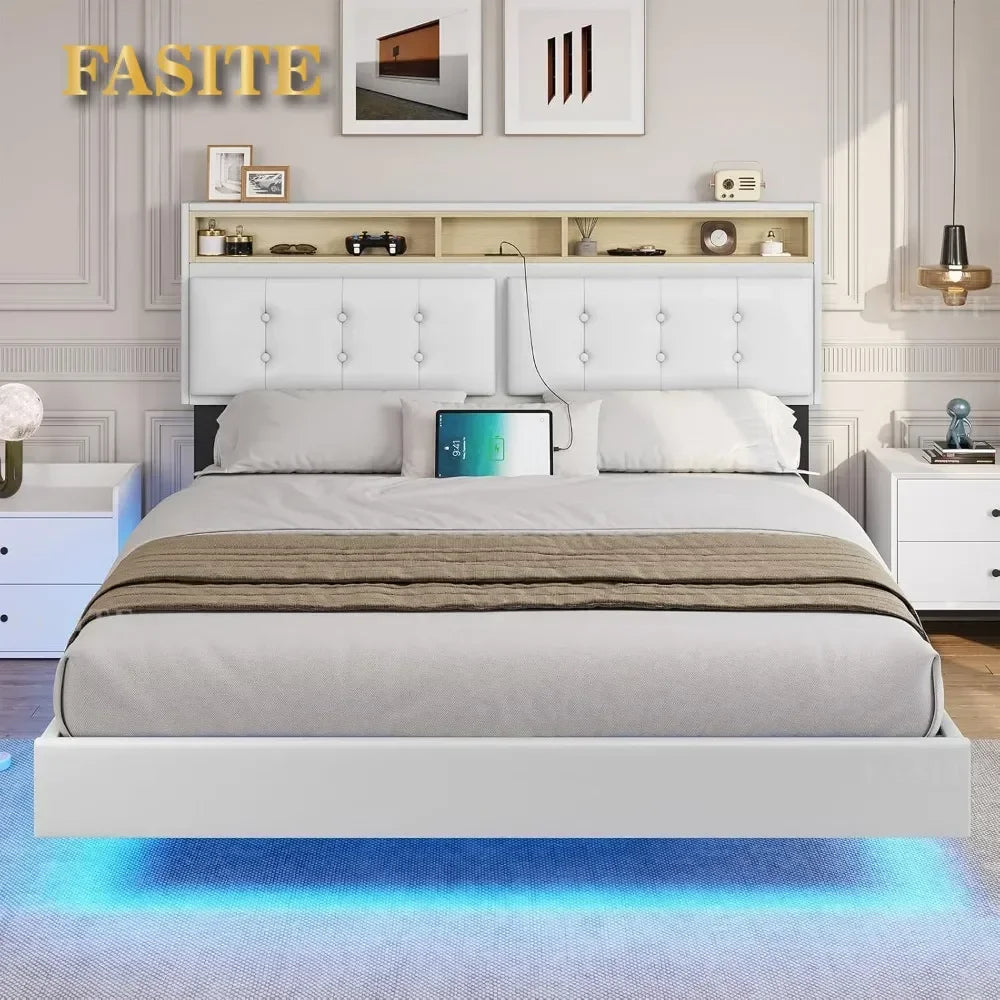 Queen Bed Frame with Led Lights & USB Ports,Storage and Tufted Buttons Headboard,No Box Spring Needed,Floating Bed Frame