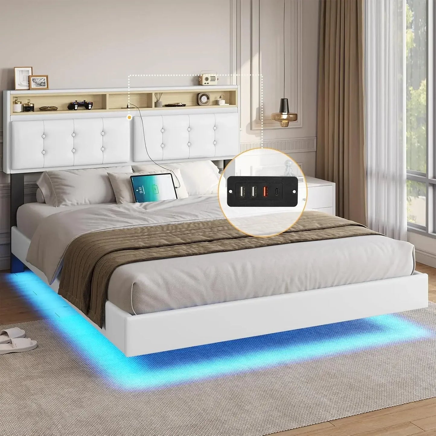 Queen Bed Frame with Led Lights & USB Ports,Storage and Tufted Buttons Headboard,No Box Spring Needed,Floating Bed Frame