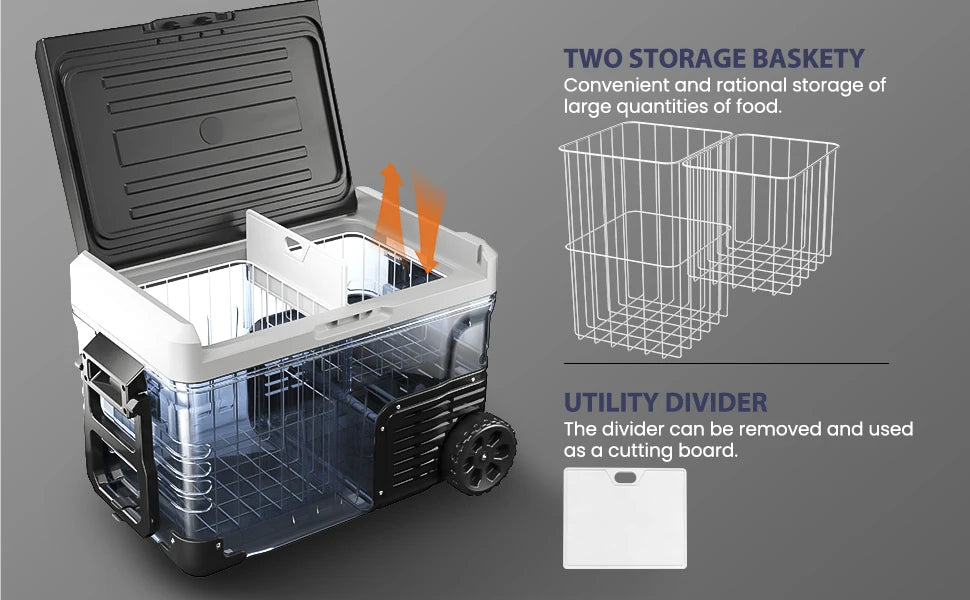 SIMZLIFE 35L Car Portable Freezer 12V Refrigerator Cooler 12V/24V DC Fridge with Wheels 2 Baskets for Travel Truck Boat Camping