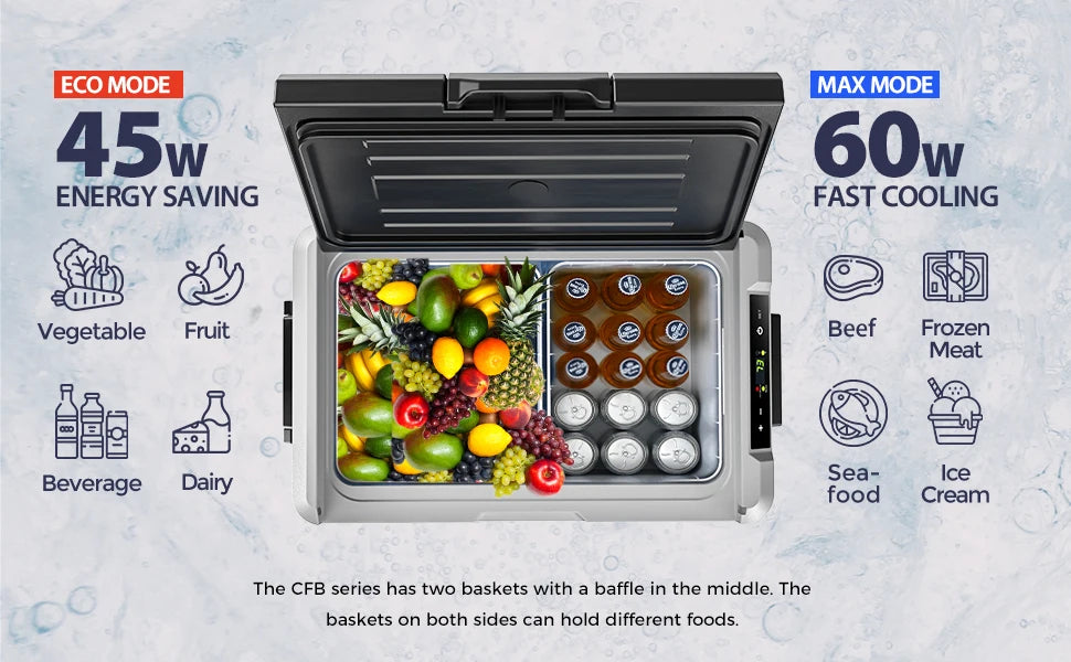 SIMZLIFE 35L Car Portable Freezer 12V Refrigerator Cooler 12V/24V DC Fridge with Wheels 2 Baskets for Travel Truck Boat Camping