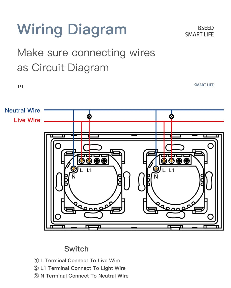 BSEED  Wifi 1/2/3Gang Light Switches Touch Sensor Glass Switch Tuya Smart Life Alexa Control Plus EU Sockets Need Neutral Wire