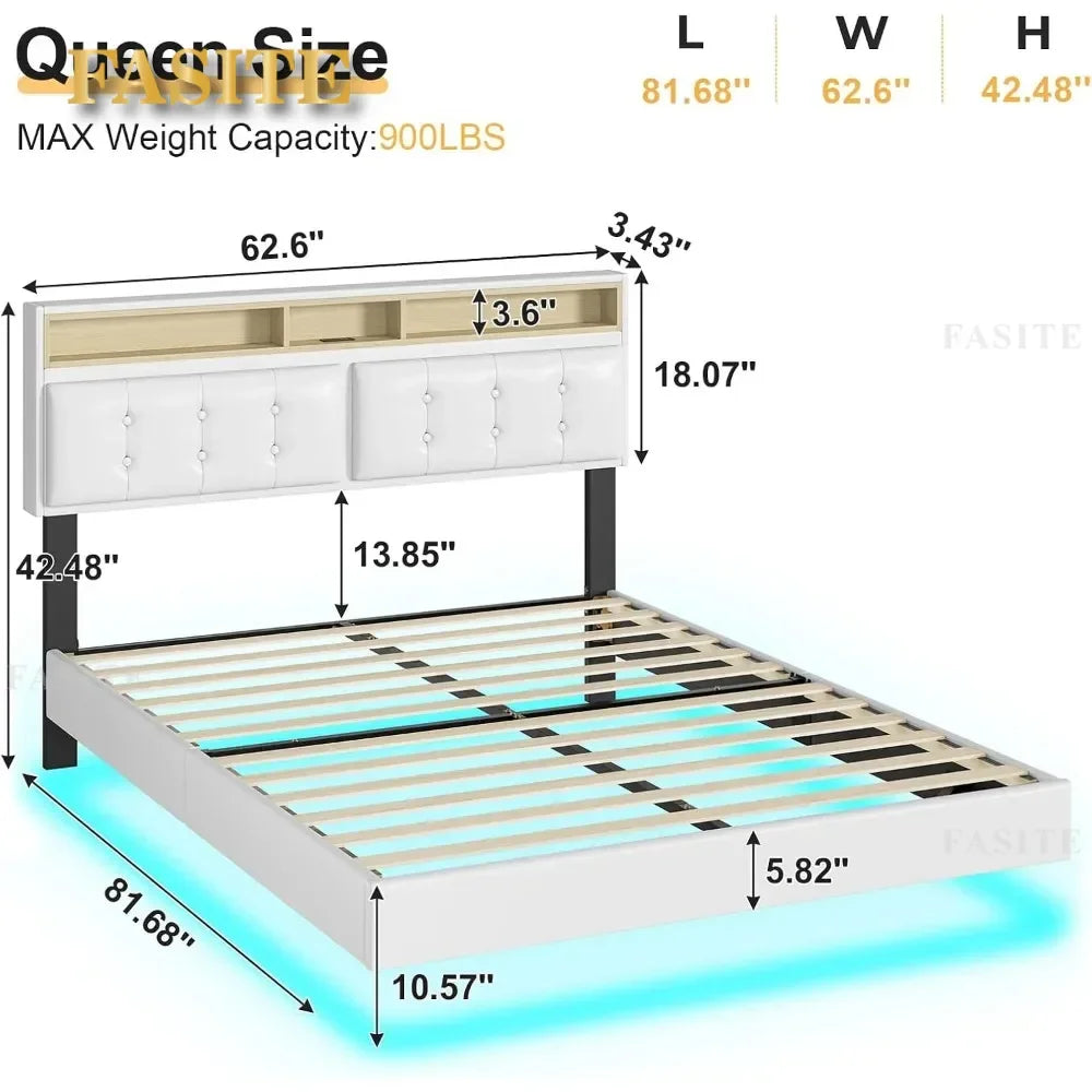 Queen Bed Frame with Led Lights & USB Ports，Storage and Tufted Buttons Headboard,No Box Spring Needed，Floating Bed Frame