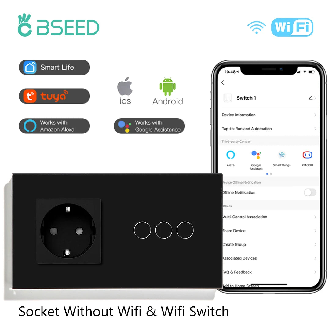 BSEED  Wifi 1/2/3Gang Light Switches Touch Sensor Glass Switch Tuya Smart Life Alexa Control Plus EU Sockets Need Neutral Wire