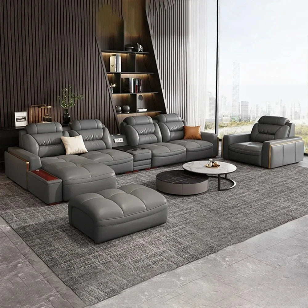 Premium Italian Genuine Leather Sectional Sofa Sets Couch Sofas with USB and Bluetooth Speaker - MANBAS Living Room Furniture