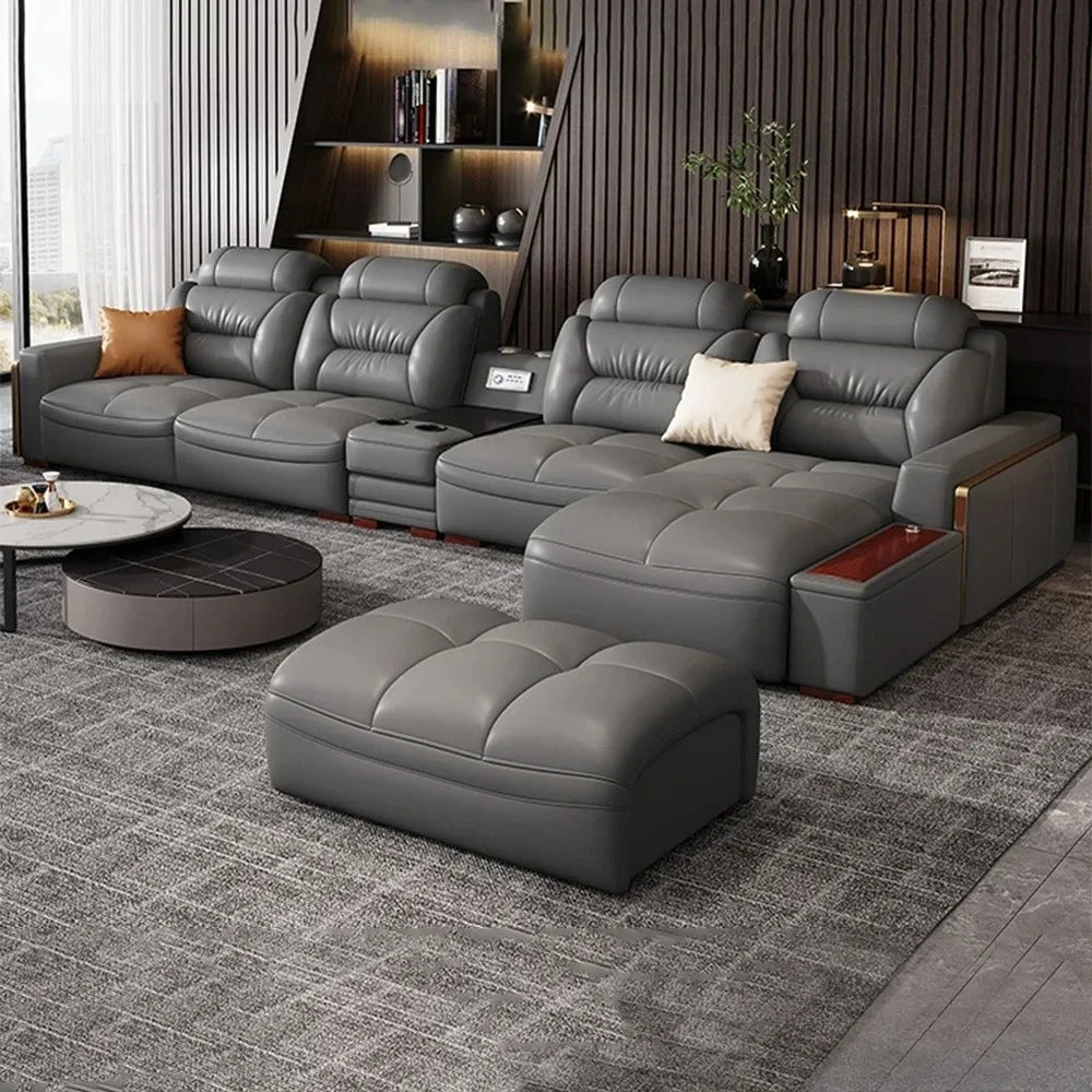 Premium Italian Genuine Leather Sectional Sofa Sets Couch Sofas with USB and Bluetooth Speaker - MANBAS Living Room Furniture