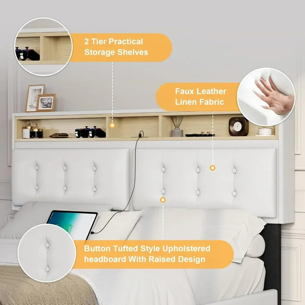 Queen Bed Frame with Led Lights & USB Ports，Storage and Tufted Buttons Headboard,No Box Spring Needed，Floating Bed Frame