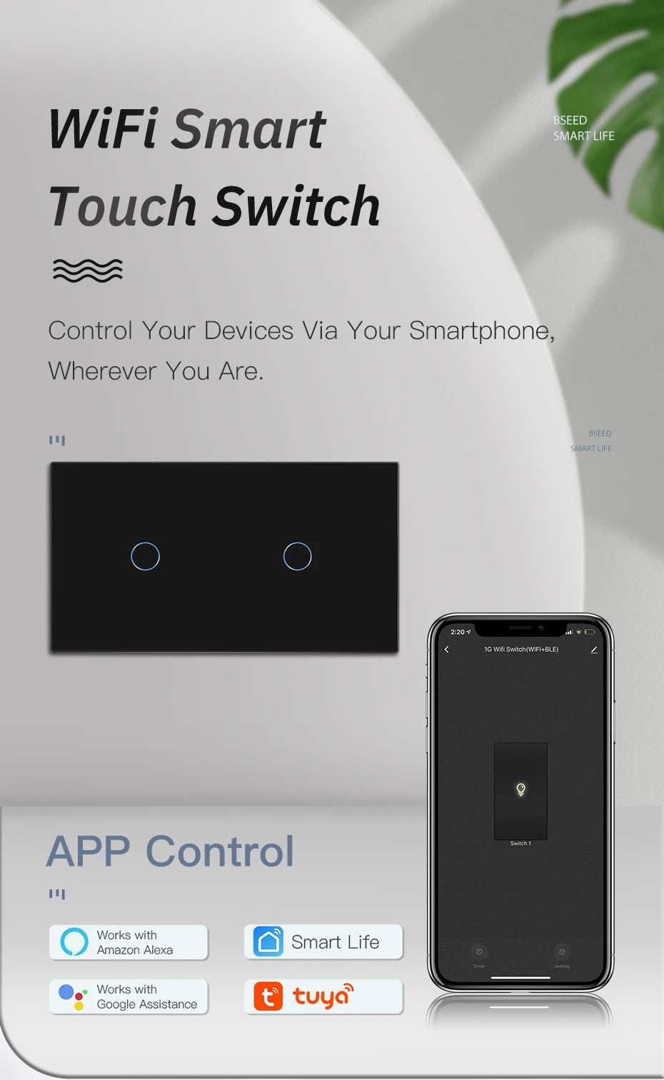 BSEED  Wifi 1/2/3Gang Light Switches Touch Sensor Glass Switch Tuya Smart Life Alexa Control Plus EU Sockets Need Neutral Wire