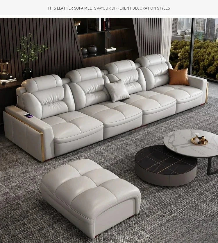 Premium Italian Genuine Leather Sectional Sofa Sets Couch Sofas with USB and Bluetooth Speaker - MANBAS Living Room Furniture