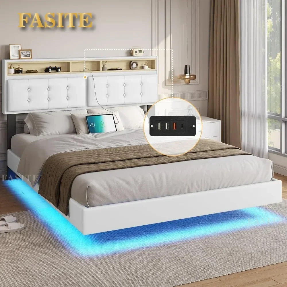 Queen Bed Frame with Led Lights & USB Ports，Storage and Tufted Buttons Headboard,No Box Spring Needed，Floating Bed Frame