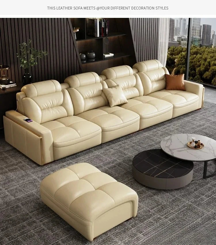 Premium Italian Genuine Leather Sectional Sofa Sets Couch Sofas with USB and Bluetooth Speaker - MANBAS Living Room Furniture