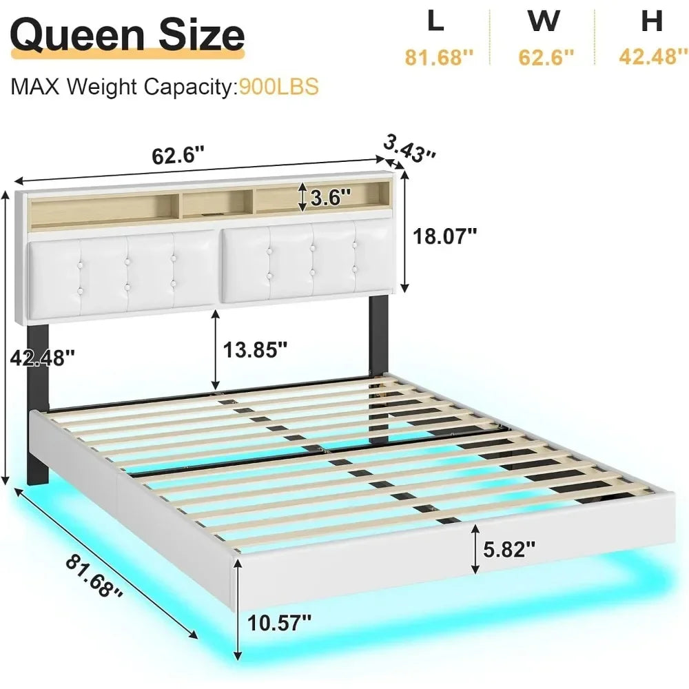 Queen Bed Frame with Led Lights & USB Ports，Storage and Tufted Buttons Headboard,No Box Spring Needed，Floating Bed Frame