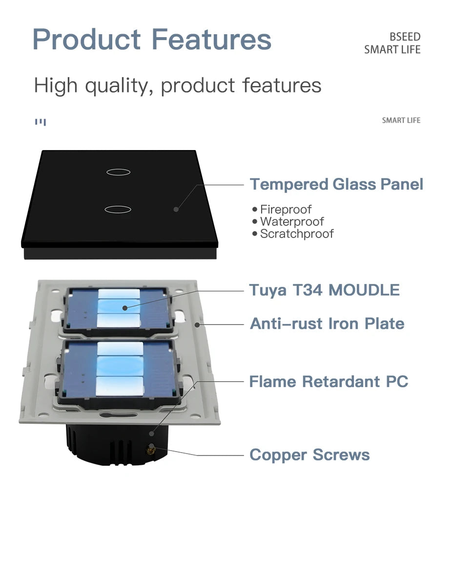 BSEED  Wifi 1/2/3Gang Light Switches Touch Sensor Glass Switch Tuya Smart Life Alexa Control Plus EU Sockets Need Neutral Wire