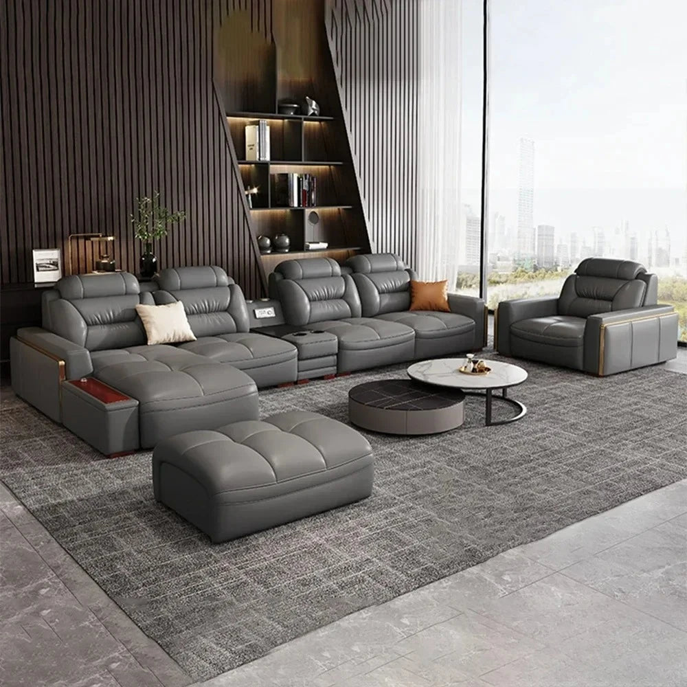 Premium Italian Genuine Leather Sectional Sofa Sets Couch Sofas with USB and Bluetooth Speaker - MANBAS Living Room Furniture