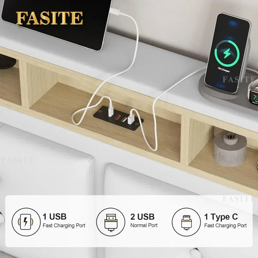 Queen Bed Frame with Led Lights & USB Ports，Storage and Tufted Buttons Headboard,No Box Spring Needed，Floating Bed Frame