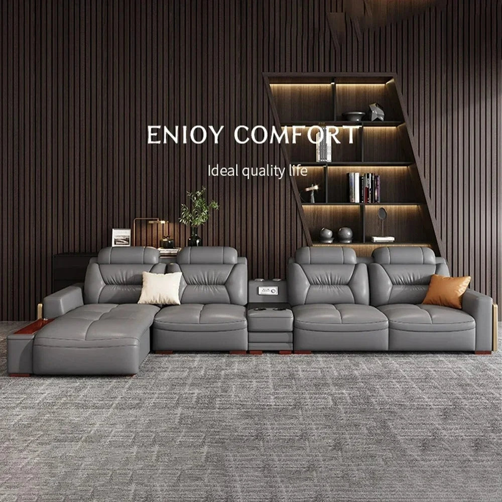 Premium Italian Genuine Leather Sectional Sofa Sets Couch Sofas with USB and Bluetooth Speaker - MANBAS Living Room Furniture