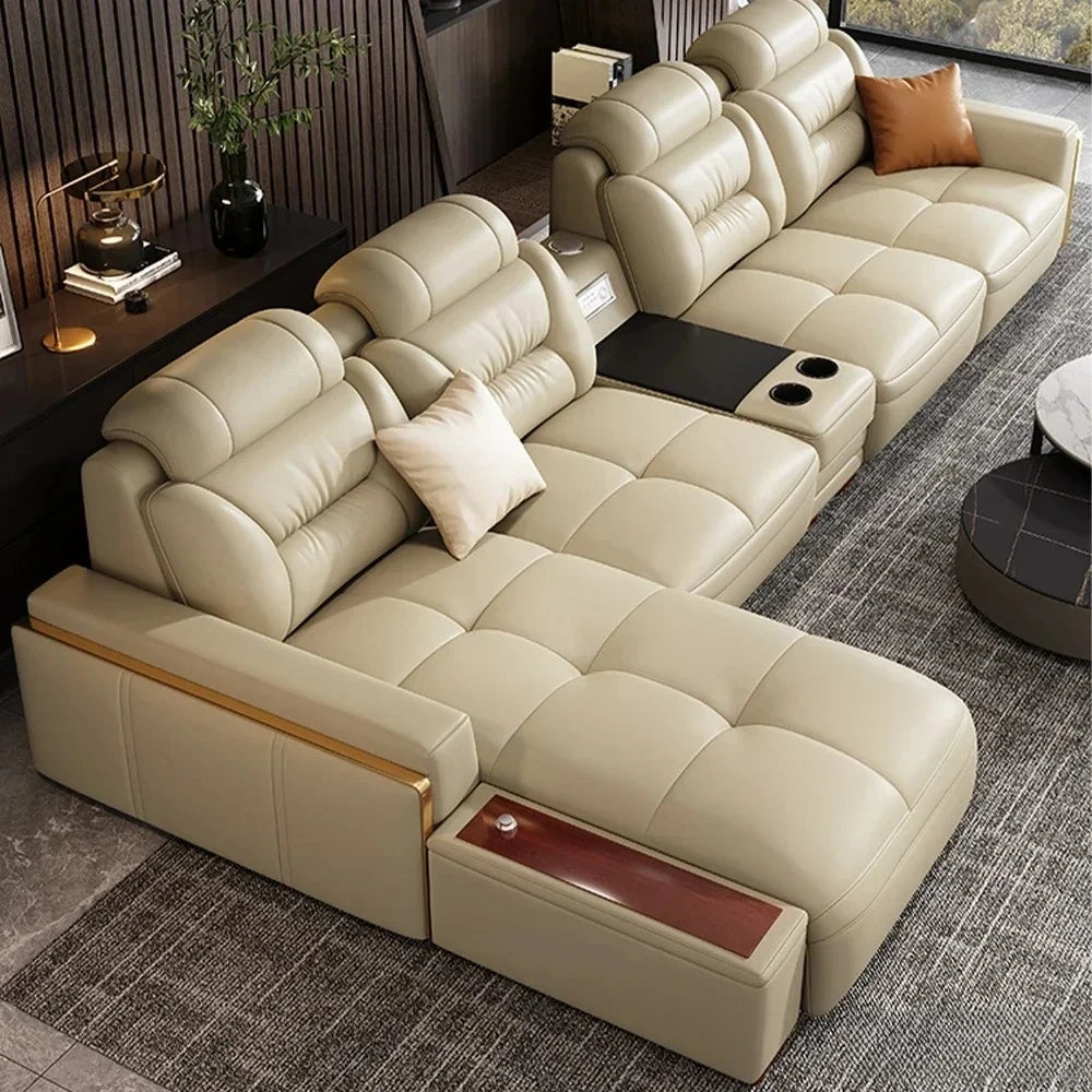 Premium Italian Genuine Leather Sectional Sofa Sets Couch Sofas with USB and Bluetooth Speaker - MANBAS Living Room Furniture