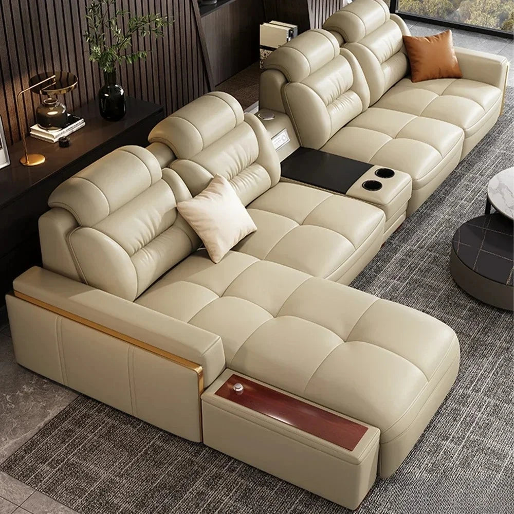 Premium Italian Genuine Leather Sectional Sofa Sets Couch Sofas with USB and Bluetooth Speaker - MANBAS Living Room Furniture