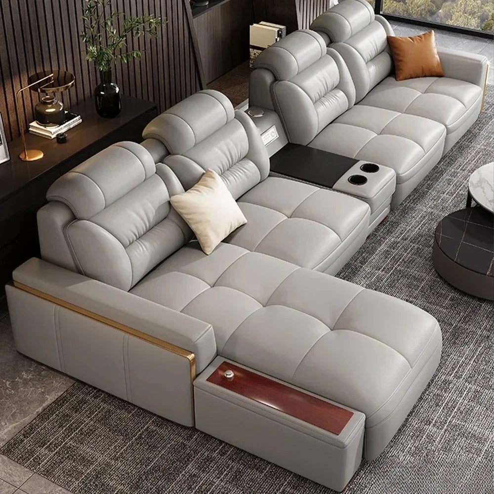 Premium Italian Genuine Leather Sectional Sofa Sets Couch Sofas with USB and Bluetooth Speaker - MANBAS Living Room Furniture