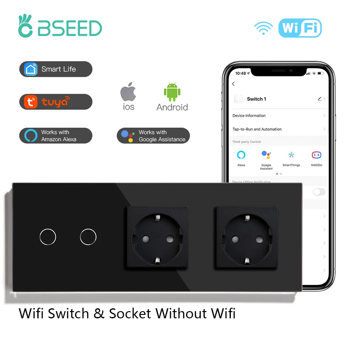 BSEED  Wifi 1/2/3Gang Light Switches Touch Sensor Glass Switch Tuya Smart Life Alexa Control Plus EU Sockets Need Neutral Wire