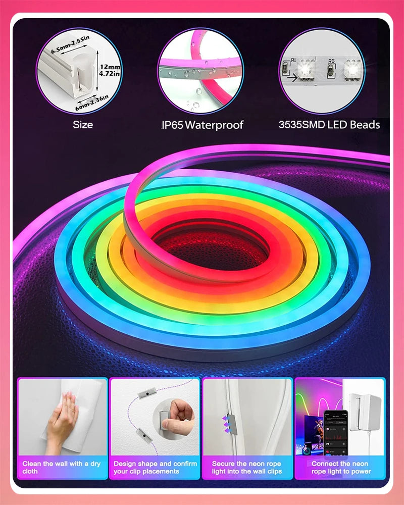 TUYA Smart RGBIC Neon LED Strip Lights | Music Sync | App & Voice Control | IP65 Waterproof