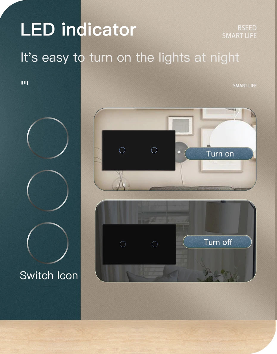 BSEED  Wifi 1/2/3Gang Light Switches Touch Sensor Glass Switch Tuya Smart Life Alexa Control Plus EU Sockets Need Neutral Wire
