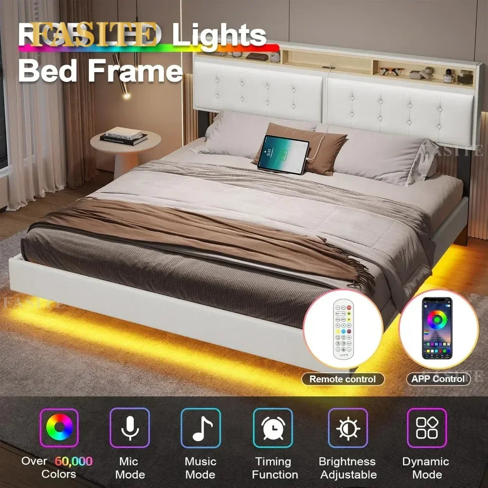 Queen Bed Frame with Led Lights & USB Ports，Storage and Tufted Buttons Headboard,No Box Spring Needed，Floating Bed Frame