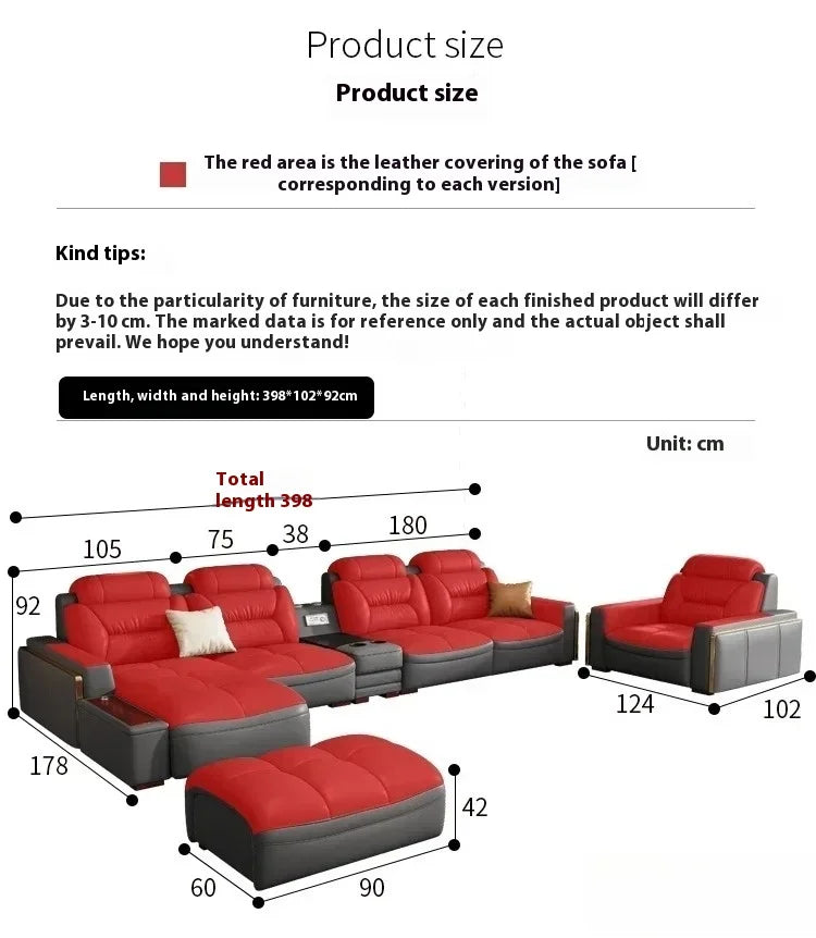 Premium Italian Genuine Leather Sectional Sofa Sets Couch Sofas with USB and Bluetooth Speaker - MANBAS Living Room Furniture