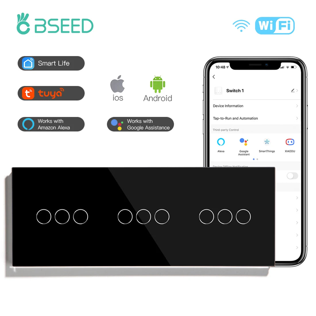 BSEED  Wifi 1/2/3Gang Light Switches Touch Sensor Glass Switch Tuya Smart Life Alexa Control Plus EU Sockets Need Neutral Wire