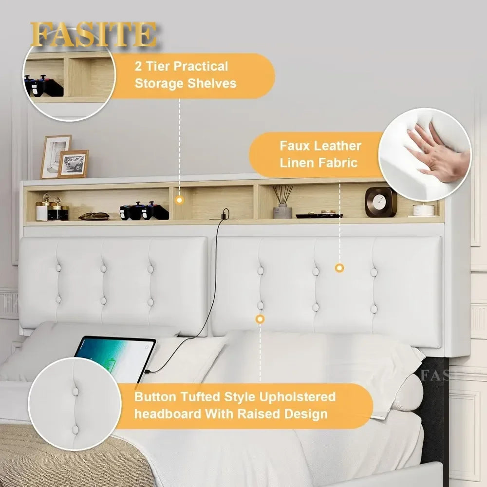 Queen Bed Frame with Led Lights & USB Ports，Storage and Tufted Buttons Headboard,No Box Spring Needed，Floating Bed Frame
