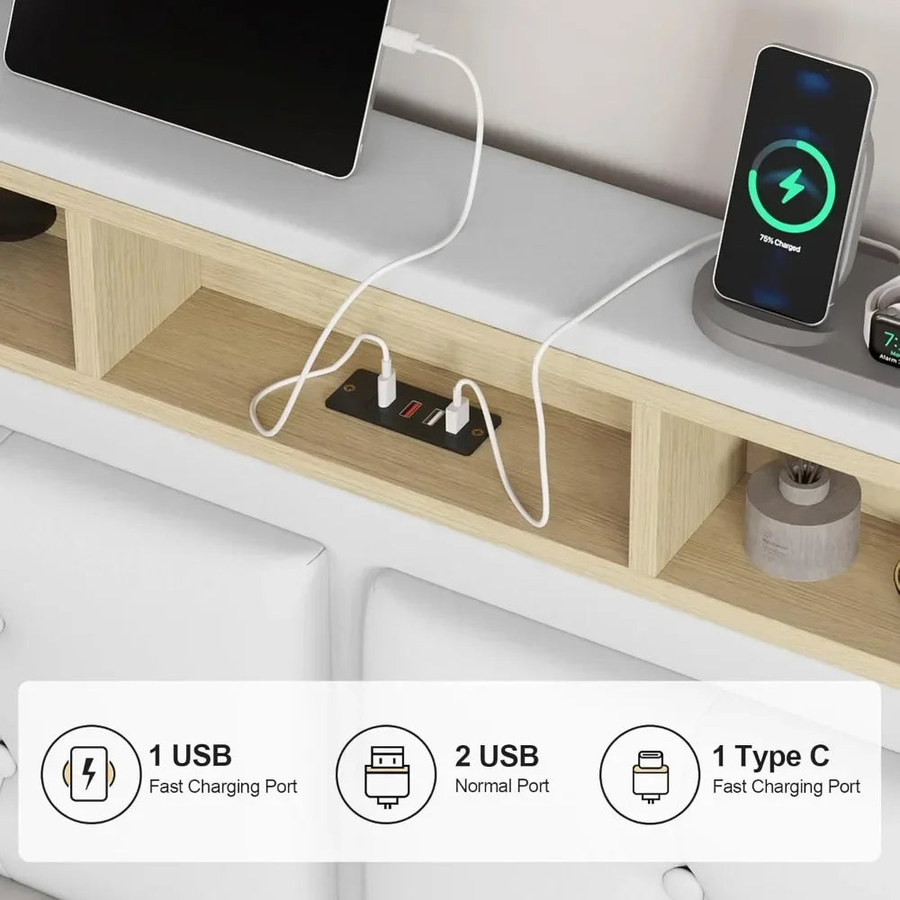 Queen Bed Frame with Led Lights & USB Ports，Storage and Tufted Buttons Headboard,No Box Spring Needed，Floating Bed Frame