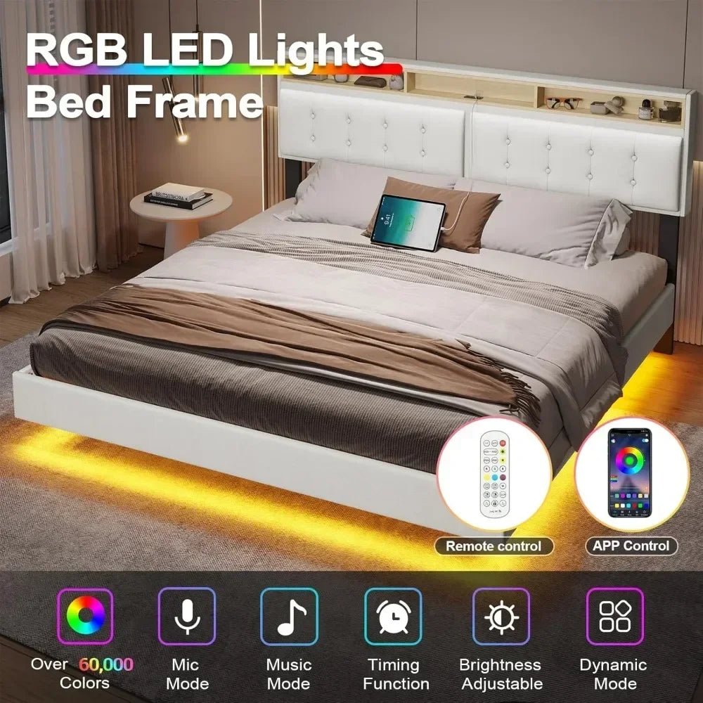 Queen Bed Frame with Led Lights & USB Ports，Storage and Tufted Buttons Headboard,No Box Spring Needed，Floating Bed Frame